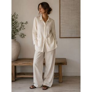 FLAX Cream Ribbed Button Up Linen Blazer Jacket Shirt   Women's Size Medium